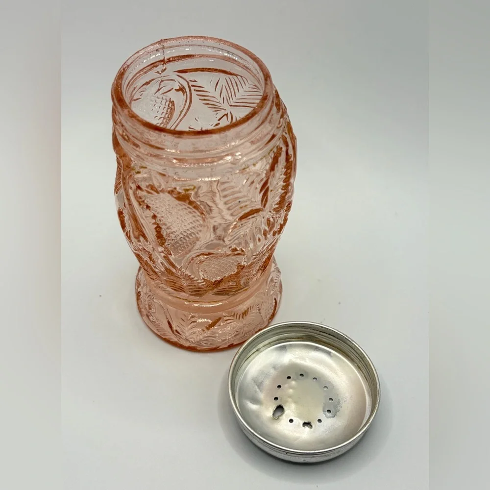 Vintage Pink Strawberry Depression Glass Salt Pepper Sugar Seasoning Shaker, Lid